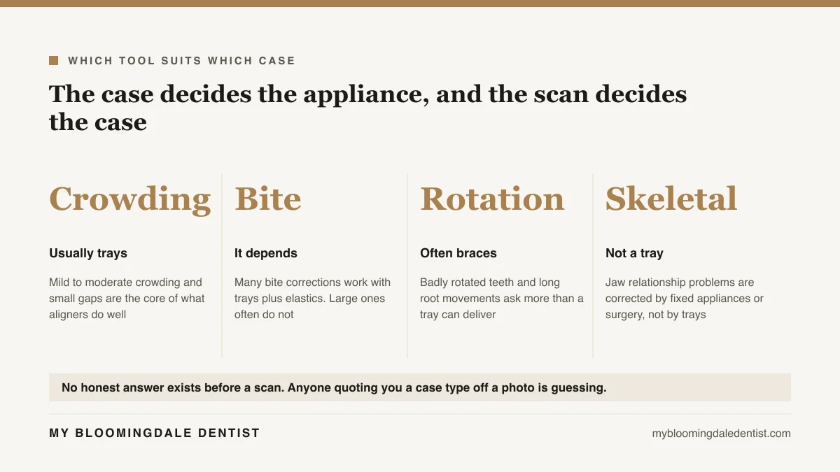 Four column diagram matching crowding, bite problems, rotations and skeletal cases to clear aligners or braces