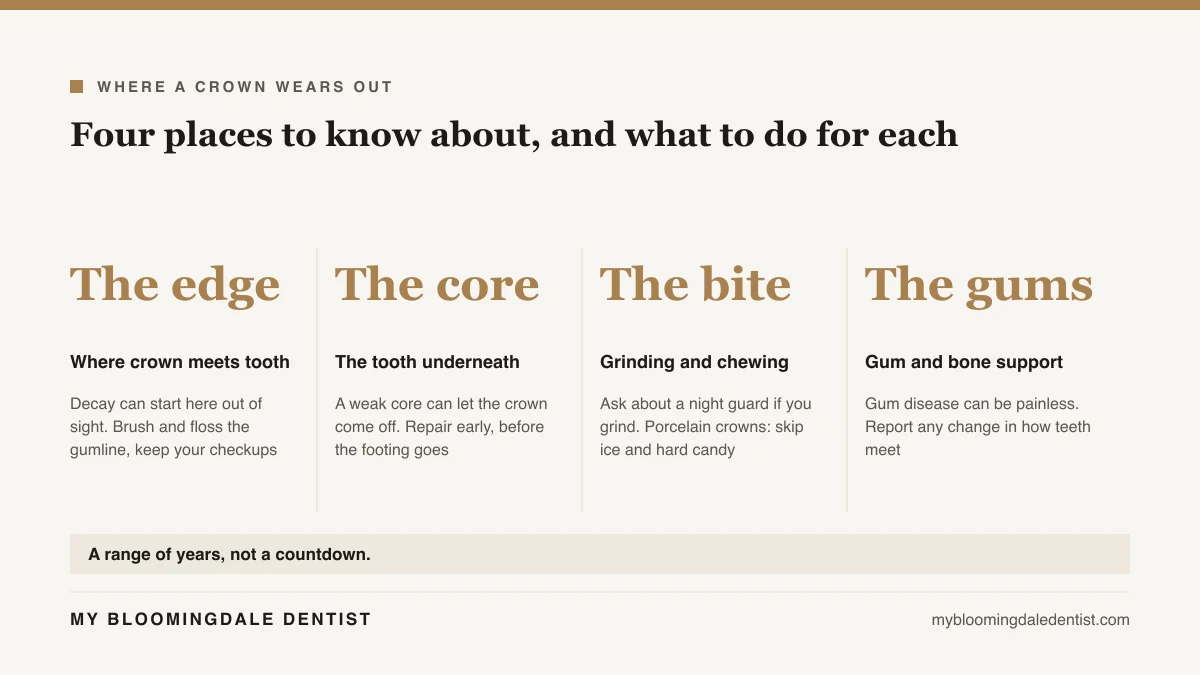 Four places a dental crown wears out: the edge, the core of tooth underneath, the bite on top and the gums and bone around it