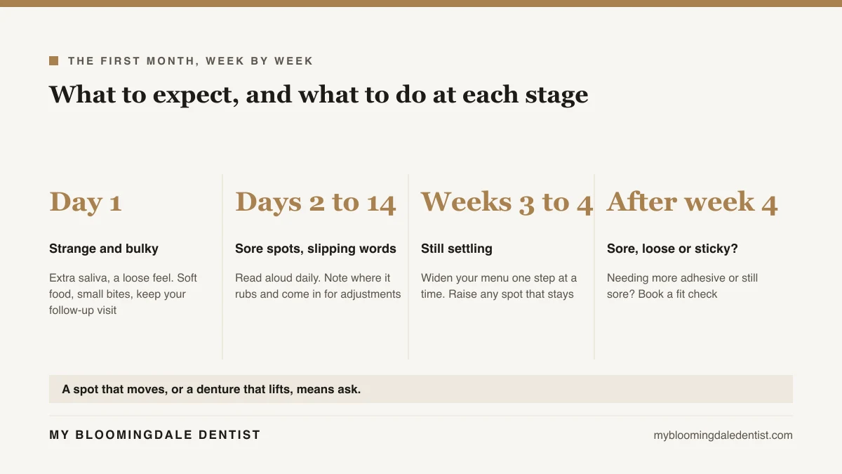 Four stage infographic of the first month with new dentures: day one, days two to fourteen, weeks three to four, and after week four, each with what to do