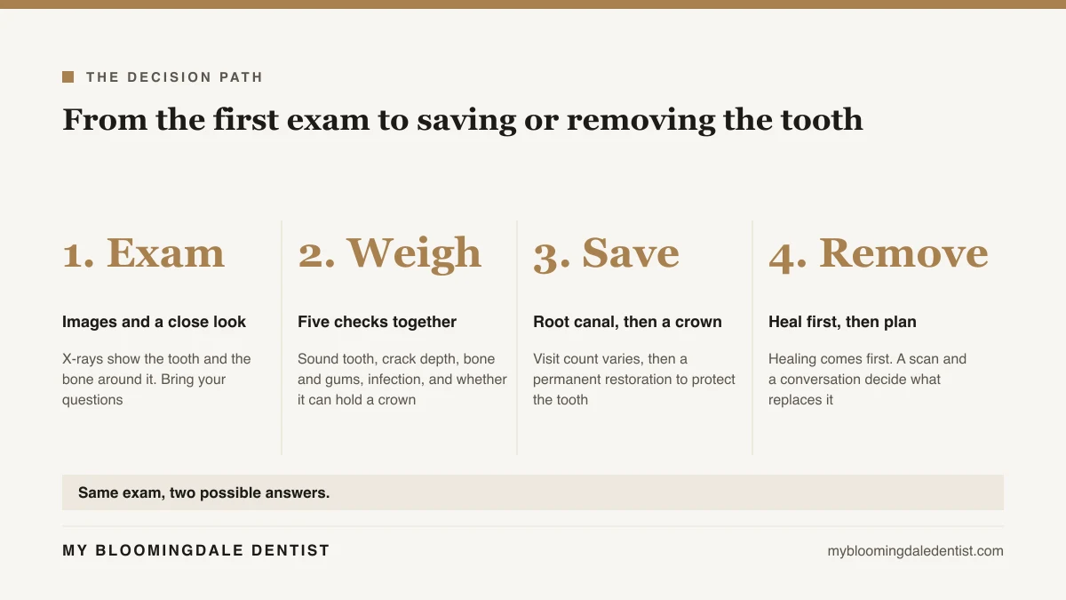 The decision path from exam and X-rays to saving the tooth with a root canal and crown, or removing it, healing, and planning a replacement